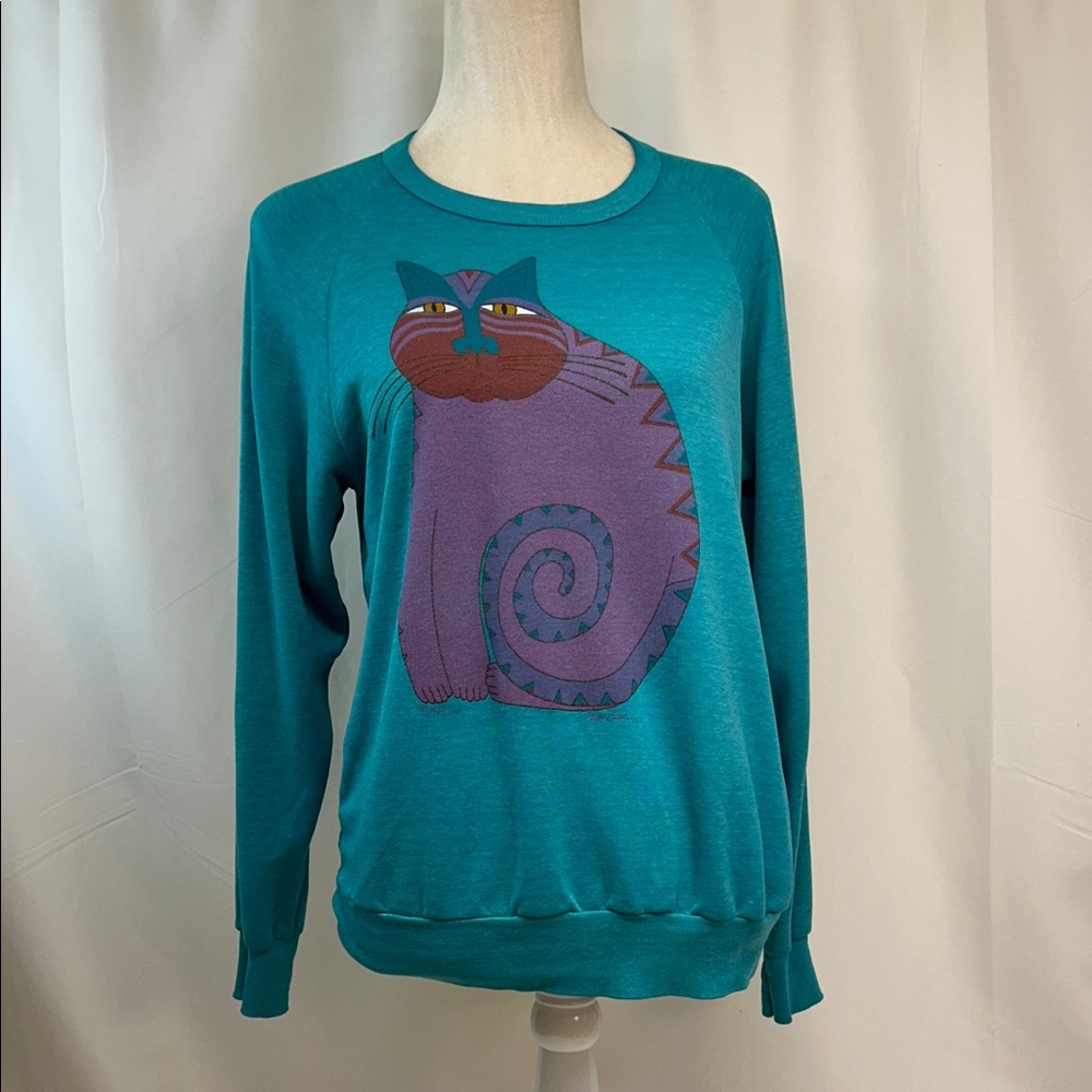Laurel Burch Vintage Teal Sweatshirt with Purple Cat Graphic